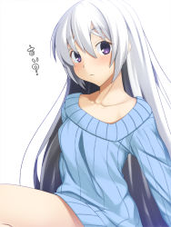 Rule 34 | 10s, 1girl, blush, chaika trabant, eyebrows, highres, hitsugi no chaika, long hair, looking at viewer, purple eyes, ribbed sweater, silver hair, skylader, solo, sweater, translation request