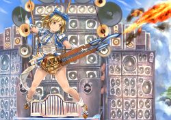 Rule 34 | 1girl, adapted object, alternate costume, blonde hair, blush, cloud, commentary request, cropped jacket, djeeta (granblue fantasy), double neck guitar, electric guitar, flamethrower, floating island, frilled skirt, frills, full body, granblue fantasy, guitar, hair ribbon, headband, instrument, jumping, kimi to boku no mirai, legs, mad max, mad max: fury road, miniskirt, outstretched arm, parody, plectrum, ribbon, shoes, short hair, short sleeves, skirt, skull, sky, smile, socks, solo, speaker, superstar (granblue fantasy), superstar ex (granblue fantasy), takahashi rodemu, the doof warrior, weapon, white socks, yellow eyes