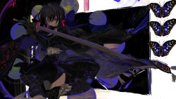 Rule 34 | 1girl, black cape, black dress, black gloves, black hair, black thighhighs, bug, butterfly, cape, closed mouth, dress, gloves, highres, holding, holding sword, holding weapon, insect, looking at viewer, moon, moon phases, narue, original, purple eyes, sash, solo, sword, thighhighs, two-handed, weapon, wind, wind lift