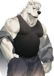 Rule 34 | 1boy, animal ears, bara, bear boy, bear ears, belly, black tank top, body fur, cowboy shot, facial hair, furry, furry male, glasses, goatee, grey pants, highres, jacket, jacket partially removed, large pectorals, looking at viewer, male focus, mature male, muscular, muscular male, original, pants, pectorals, round eyewear, seato-hao, short hair, sideburns, snout, solo, tank top, thick eyebrows, white background, white fur