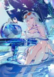 Rule 34 | 1girl, ahoge, arknights, bare shoulders, beach umbrella, blue shorts, breasts, cleavage, closed mouth, crow yayu, day, expressionless, eyewear on head, feet out of frame, fishbowl, grey hair, highres, long hair, medium breasts, official alternate costume, orca hair ornament, outdoors, red-tinted eyewear, red eyes, shark, shirt, short shorts, shorts, sitting, skadi (arknights), skadi (waverider) (arknights), soaking feet, solo, sunglasses, table, thigh strap, tinted eyewear, umbrella, very long hair, water, white shirt
