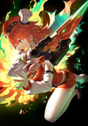 Rule 34 | 1girl, absurdres, beret, commentary request, dark, detached sleeves, fire, from side, hat, highres, holding, holding weapon, hololive, hololive english, long hair, open mouth, orange hair, purple eyes, scottie (phantom2), simple background, sleeveless, solo, sword, takanashi kiara, takanashi kiara (1st costume), thighhighs, virtual youtuber, weapon, white background, white thighhighs, zettai ryouiki