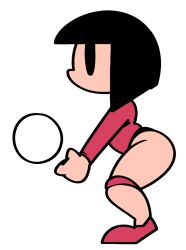 Rule 34 | 1girl, ass, ball, black eyes, black hair, clothes pull, from behind, long sleeves, nintendo, pink footwear, pink shirt, pink shorts, playing sports, shirt, shoes, short hair, shorts, shorts pull, standing, vilepluff, volleyball, volleyball (nes game), volleyball (object), white background