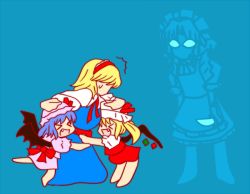 Rule 34 | &gt; &lt;, 4girls, :d, > <, ^^^, alice margatroid, angry, apron, bat wings, blonde hair, blue hair, colorized, dress, closed eyes, fang, flandre scarlet, girl sandwich, hairband, hat, hat ribbon, holding, holding knife, hug, hug from behind, izayoi sakuya, kneeling, knife, looking at another, maid, maid apron, maid headdress, monochrome, multiple girls, nove (yurukotatsu), open mouth, pink dress, puffy short sleeves, puffy sleeves, red dress, remilia scarlet, ribbon, sandwiched, short hair, short sleeves, side ponytail, skirt, skirt set, smile, smiley face, standing, surprised, sweat, touhou, vampire, wings, worried, xd