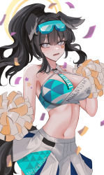 Rule 34 | 1girl, absurdres, animal ears, bare shoulders, black hair, blue archive, blue eyes, blush, breasts, bright pupils, cheerleader, cleavage, collarbone, cowboy shot, crop top, detached collar, dog ears, dog girl, goggles, goggles on head, hair between eyes, halo, hands up, hibiki (blue archive), hibiki (cheer squad) (blue archive), highres, large breasts, libo (724ml), looking at viewer, midriff, millennium cheerleader outfit (blue archive), navel, open mouth, pom pom (cheerleading), ponytail, simple background, solo, sticker on arm, sticker on face, tail, white background