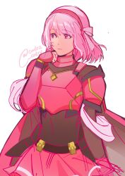 Rule 34 | 1girl, armor, braid, breastplate, cape, fire emblem, fire emblem engage, hairband, highres, lamb (contra entry), lapis (fire emblem), looking to the side, nintendo, pink eyes, pink hair, red armor, red cape, red hairband, ribbon, side braid, solo, white ribbon