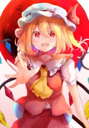 Rule 34 | 1girl, :d, ascot, blonde hair, blurry, blurry background, cowboy shot, crystal, fangs, flandre scarlet, flat chest, frilled shirt collar, frills, hat, hat ribbon, highres, looking at viewer, medium hair, mob cap, moon, open hand, open mouth, outstretched arm, puffy short sleeves, puffy sleeves, reaching, reaching towards viewer, red eyes, red moon, red ribbon, red skirt, red vest, ribbon, shirt, short sleeves, skirt, skirt set, slit pupils, smile, takuan (gjnc3733), touhou, vest, white shirt, wings, yellow ascot