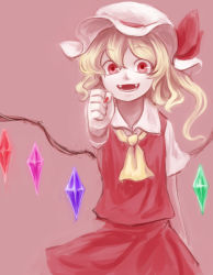Rule 34 | 1girl, :d, ascot, bad id, bad pixiv id, blonde hair, clenched hand, fangs, flandre scarlet, hat, looking at viewer, mob cap, nail polish, open mouth, otama (jcts), pink background, red background, red eyes, red nails, shirt, short sleeves, side ponytail, simple background, skirt, skirt set, smile, solo, touhou, vest, white shirt, wings
