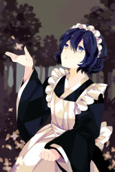 Rule 34 | apron, blue eyes, clenched hand, frills, frown, hair between eyes, japanese clothes, kimono, lesnoa (sword girls), lolita fashion, lowres, maid, maid apron, maid headdress, mu-i, outstretched hand, purple hair, short hair, solo, sword girls, wa lolita, wa maid