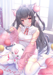 Rule 34 | 1girl, :d, absurdres, animal ear fluff, animal ears, bandaid, bandaid on cheek, bandaid on face, bare shoulders, black hair, blush, cat ears, cat girl, cat hair ornament, cat tail, collared dress, commentary request, day, dress, frilled shirt collar, frills, hair ornament, hand up, highres, indoors, jacket, long hair, long sleeves, looking at viewer, off shoulder, open clothes, open jacket, open mouth, paw pose, pink jacket, plaid pillow, red eyes, reikira, reikira! (channel), sitting, sleeveless, sleeveless dress, sleeves past wrists, smile, solo, stuffed animal, stuffed cat, stuffed toy, sunlight, tail, twitter username, two side up, very long hair, virtual youtuber, wariza, white dress, window, yarn, yarn ball, yuyuko (yuyucocco)