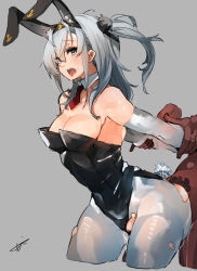Rule 34 | 1boy, 1girl, animal ears, blue eyes, breasts, cleavage, cowboy shot, elbow gloves, gloves, grabbing another&#039;s arm, grey background, grey hair, hachimaki, headband, hetero, highres, kantai collection, large breasts, leotard, necktie, nipples, off shoulder, open mouth, pantyhose, playboy bunny, pussy juice, rabbit ears, red necktie, saliva, saliva trail, sex, side ponytail, simple background, standing, standing sex, sunday aki, suzutsuki (kancolle), torn clothes, torn pantyhose, vaginal, white gloves, white pantyhose