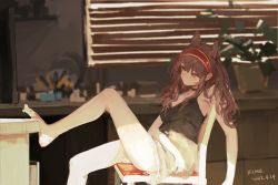 Rule 34 | 1girl, angelina (arknights), animal ears, arknights, bare shoulders, barefoot, breasts, brown hair, chair, female focus, hairband, highres, long hair, plant, potted plant, red eyes, sitting, solo, tank top, window blinds, xilmo