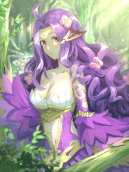 Rule 34 | 1girl, ahoge, arm at side, artist name, black wings, blush, breasts, cleavage, clothing cutout, commentary, day, demon wings, dress, expressionless, fingernails, flower, forehead jewel, forest, gold trim, hair flower, hair ornament, head wings, highres, large breasts, long hair, looking at viewer, multicolored clothes, multicolored dress, natsuya (kuttuki), nature, navel, navel cutout, nidhoggr (ragnarok online), outdoors, parted bangs, parted lips, pink flower, pink nails, purple dress, purple hair, purple sleeves, ragnarok online, red eyes, solo, strapless, strapless dress, tree, upper body, very long hair, watermark, wavy hair, web address, white dress, wings