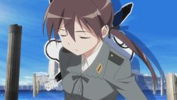 Rule 34 | 1girl, animated, animated gif, brown eyes, brown hair, gertrud barkhorn, hair ribbon, hand on own hip, long hair, long sleeves, military, military uniform, no pants, panties, ribbon, screencap, solo, strike witches, twintails, underwear, uniform, white panties, world witches series