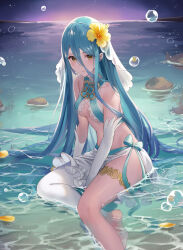 Rule 34 | 1girl, asymmetrical gloves, azura (fire emblem), blue hair, breasts, brown eyes, cleavage, closed mouth, elbow gloves, fire emblem, fire emblem fates, flower, gloves, hair between eyes, hair flower, hair ornament, haru (nakajou-28), hibiscus, long hair, looking at viewer, night, nintendo, ocean, outdoors, single leg warmer, sitting, small breasts, solo, thighlet, very long hair, white gloves, yellow flower