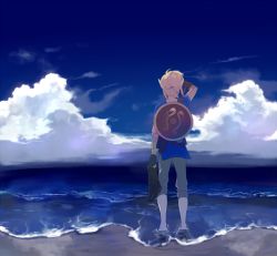 Rule 34 | 1boy, back, barefoot, beach, blonde hair, blue sky, boots, unworn boots, ciatoli, cloud, cloudy sky, day, feet, from behind, full body, gloves, link, male focus, nintendo, ocean, outdoors, pants, pointy ears, ponytail, shield, shield on back, sky, solo, standing, sword, the legend of zelda, the legend of zelda: breath of the wild, water, weapon