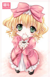 Rule 34 | 00s, 1girl, blonde hair, bow, dress, from above, green eyes, hair bow, hinaichigo, holding, looking up, miyama-zero, open mouth, ribbon, rozen maiden, solo