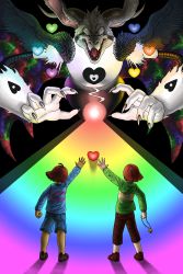 Rule 34 | 1boy, 2others, absurdres, ahoge, asriel dreemurr, beam, black background, brown hair, chara (undertale), clenched hand, denim, closed eyes, frisk (undertale), goat horns, heart, highres, holding, horns, huge filesize, jaguarkia, jewelry, locket, multiple others, nail, open mouth, pendant, rainbow, reaching, shirt, shoes, simple background, spoilers, teeth, undertale, wings