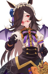 Rule 34 | 1girl, absurdres, amagasa yun, animal ears, bat wings, black bow, black gloves, black skirt, blood, blood on face, blush, bow, brooch, brown hair, center frills, commentary, cowboy shot, fangs, frilled hairband, frills, gloves, hair over one eye, hairband, highres, horse ears, jewelry, long hair, looking at viewer, official alternate costume, open mouth, puffy short sleeves, puffy sleeves, raised eyebrows, red eyes, rice shower (make up vampire!) (umamusume), rice shower (umamusume), shirt, short sleeves, simple background, skirt, slit pupils, solo, symbol-only commentary, teeth, umamusume, white background, white shirt, wings