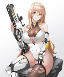 Rule 34 | 1girl, asymmetrical legwear, bare shoulders, black thighhighs, blonde hair, breasts, brown hair, copyright request, covered navel, glasses, gun, hair ribbon, highres, holding, holding gun, holding weapon, large breasts, leotard, long hair, mechanical arms, mechanical legs, mixed-language commentary, ribbon, round eyewear, single mechanical arm, single mechanical leg, sitting, smile, solo, thighhighs, torn clothes, torn thighhighs, very long hair, weapon, white leotard, white ribbon, wookyung