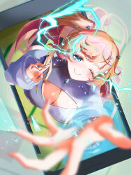 Rule 34 | 1girl, absurdres, black thighhighs, blonde hair, blue eyes, blurry, blurry foreground, breasts, chain necklace, cleavage, cleavage cutout, clothing cutout, electricity, highres, hime hajime, jewelry, large breasts, long hair, necklace, one eye closed, phone, pink nails, power symbol, purple sweater, reaching, reaching towards viewer, screw hair ornament, side ponytail, smile, solo, sweater, thighhighs, through medium, through screen, virtual youtuber, vshojo, yuarima2
