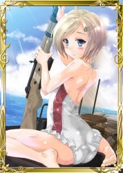 Rule 34 | 00s, 10s, 1girl, amy apple, blonde hair, blue eyes, casual one-piece swimsuit, day, gun, hair ornament, holding, holding gun, holding weapon, komatsu eiji, lowres, ocean, one-piece swimsuit, outdoors, rifle, senjou no valkyria (series), senjou no valkyria 3, short hair, solo, swimsuit, weapon