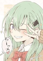Rule 34 | 1girl, blush, grin, hair between eyes, hair ornament, hairclip, heart, highres, kantai collection, long hair, long sleeves, one eye closed, purple eyes, red neckwear, simple background, smile, solo, sparkle, speech bubble, suzuya (kancolle), translation request, twitter username, umino mokuzu (shizumisou), upper body, v, v over eye