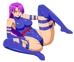 Rule 34 | 10s, 1girl, abs, animification, armpits, bare shoulders, breasts, bridal gauntlets, elbow gloves, gloves, hand on thigh, highleg, highleg leotard, leotard, lipstick, makani kohitujito, makeup, marvel, psylocke, purple eyes, purple hair, solo, spread legs, thighhighs, white background, x-men