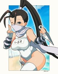 Rule 34 | 1girl, absurdres, ahoge, antenna hair, beach, black hair, blush, breasts, check translation, competition school swimsuit, fingerless gloves, gloves, hair ornament, highres, ibuki (street fighter), kunai, large breasts, long hair, looking at viewer, mask, mouth mask, name tag, ninja, omura zojiki, one-piece swimsuit, ponytail, scarf, school swimsuit, smile, solo, street fighter, swimsuit, thighhighs, translation request, weapon, white scarf
