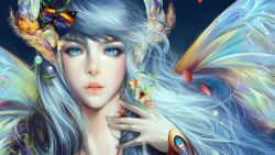 Rule 34 | 1girl, artist name, artist request, blue eyes, blue hair, bug, butterfly, eyelashes, fairy wings, hair ornament, highres, bug, lips, looking at viewer, matching hair/eyes, original, parted lips, perfect world, petals, simple background, solo, wings