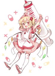 Rule 34 | 1girl, apron, arms up, back bow, blonde hair, blush, bow, collared shirt, crystal, fang, flandre scarlet, full body, hair between eyes, hat, highres, holding, kneehighs, looking to the side, nurse cap, one side up, open mouth, oversized object, paragasu (parags112), pink footwear, pink hat, pink shirt, pink skirt, red eyes, shirt, shoes, short hair, simple background, skirt, socks, solo, syringe, touhou, v-shaped eyebrows, white apron, white background, white bow, white socks, wings