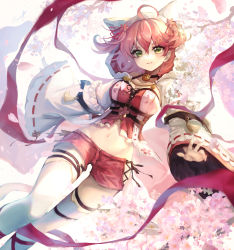 Rule 34 | 1girl, ahoge, armband, belt, belt buckle, breasts, buckle, cherry blossom print, cherry blossoms, cleavage, closed mouth, detached sleeves, feet out of frame, floral print, green eyes, groin, hair between eyes, hair ornament, hairclip, highres, hololive, kyogoku-uru, light smile, looking at viewer, medium breasts, medium hair, midriff, navel, nontraditional miko, one side up, petals, pink hair, sakura miko, sakura miko (work), sleeves past wrists, solo, thighhighs, virtual youtuber, wide sleeves
