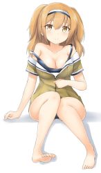 Rule 34 | 10s, 1girl, azuhira, breasts, brown eyes, cleavage, hairband, highres, i-26 (kancolle), kantai collection, large breasts, light brown hair, long hair, looking at viewer, new school swimsuit, open clothes, school swimsuit, short sleeves, solo, swimsuit, swimsuit under clothes, two-tone hairband, two side up, unzipping