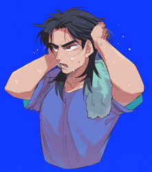 Rule 34 | 1boy, black eyes, black hair, blue background, commentary request, cropped torso, facial scar, grey shirt, highres, inudori, itou kaiji, kaiji, long hair, looking afar, lower teeth only, male focus, medium bangs, open mouth, parted bangs, scar, scar on cheek, scar on ear, scar on face, shirt, simple background, solo, sweat, teeth, towel, towel around neck, upper body