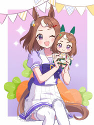Rule 34 | 1girl, ;d, animal ears, bow, bowtie, brown hair, doll, highres, holding, holding doll, horse ears, horse girl, horse tail, horseshoe ornament, mochi (1021208), multicolored hair, official alternate costume, one eye closed, open mouth, pleated skirt, puffy short sleeves, puffy sleeves, purple bow, purple bowtie, purple eyes, purple serafuku, purple shirt, sailor collar, sailor shirt, school uniform, serafuku, shirt, short hair, short sleeves, sitting, skirt, smile, solo, streaked hair, stuffed carrot, tail, thighhighs, tracen school uniform, tsurumaru tsuyoshi (a smile sent from heaven) (umamusume), tsurumaru tsuyoshi (umamusume), twitter username, two-tone hair, umamusume, white hair, white skirt, white thighhighs