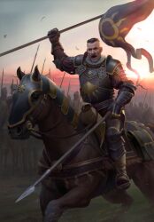 Rule 34 | armor, banner, battle standard, brown hair, european clothes, facial hair, flag, gwent (game), highres, holding, holding polearm, holding weapon, horse, leg armor, mustache, no headwear, non-web source, outdoors, polearm, short hair, sky, soldier, spear, sunset, the witcher (series), war flag, weapon