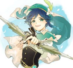 Rule 34 | 1boy, belt, blue hair, bow (weapon), braid, capelet, feathers, fingernails, flower, frills, genshin impact, gradient hair, green capelet, green eyes, green hat, hat, hat feather, hat flower, highres, holding, holding bow (weapon), holding weapon, instntmssl, light blue hair, male focus, multicolored hair, open mouth, signature, smile, solo, teeth, upper teeth only, venti (genshin impact), weapon, white flower