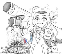 Rule 34 | 1girl, ahoge, cabbie hat, commentary request, fgm-148 javelin, fire, genshin impact, hair between eyes, hat, highres, holding, holding rocket launcher, holding weapon, kkgusxo, klee (genshin impact), long hair, long sleeves, looking at viewer, low twintails, man-portable anti-tank systems, military, military vehicle, missile launcher, motor vehicle, open mouth, partially colored, pointy ears, rocket launcher, russian flag, sidelocks, sketch, solo, star (symbol), tank, teeth, twintails, upper body, upper teeth only, v, weapon, z (russian symbol), z (symbol)