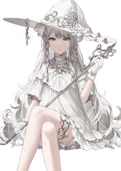 Rule 34 | 1girl, absurdres, braid, closed mouth, collar, commentary, crossed legs, dress, expressionless, feet out of frame, gloves, grey eyes, grey hair, hair tubes, hat, hat ornament, highres, holding, holding staff, invisible chair, long hair, looking at viewer, original, rairyuu, short sleeves, side braids, simple background, sitting, solo, staff, thighlet, trapeze dress, white background, white collar, white dress, white gloves, white hat, white theme, witch, witch hat