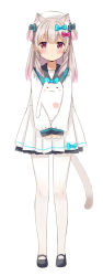 Rule 34 | 1girl, animal ear fluff, animal ears, beret, black footwear, black sailor collar, blue bow, bow, cat ears, cat girl, cat hair ornament, cat tail, commentary request, dress, full body, grey hair, hair bow, hair ornament, hat, long hair, long sleeves, natsume eri, original, pantyhose, pleated dress, puffy long sleeves, puffy sleeves, purple bow, sailor collar, shoes, simple background, sleeves past wrists, solo, standing, stuffed animal, stuffed cat, stuffed toy, tail, two side up, white background, white dress, white hat, white pantyhose