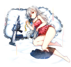 Rule 34 | 1girl, assault rifle, bare arms, bare shoulders, barefoot, bed sheet, breasts, brown neckwear, camouflage, camouflage jacket, choker, cleavage, closers, clothes pull, collarbone, fingernails, frilled pillow, frills, grey hair, groin, gun, hair between eyes, half updo, highres, holding, holding ribbon, jacket, unworn jacket, legs, lingerie, long hair, looking at viewer, lying, negligee, on back, on bed, pillow, poseich, red eyes, ribbon, rifle, skirt, skirt around one leg, skirt pull, small breasts, solo, tina (closers), underwear, weapon, yellow ribbon