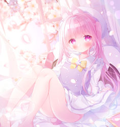 Rule 34 | 1girl, animal ears, barefoot, blush, buttons, carton, cherry blossoms, closed mouth, commentary request, dated, drinking straw, frills, hat, highres, holding, holding carton, knees, long hair, long sleeves, looking at viewer, omochi monaka, original, petals, pink eyes, pink hair, rabbit ears, resolution mismatch, shiny skin, signature, solo, source smaller, twintails
