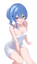 Rule 34 | 1girl, absurdres, arm between legs, blue eyes, blue hair, blush, breasts, cleavage, commentary, double-parted bangs, fawny, hair between eyes, hair ornament, hairclip, highres, hololive, hoshimachi suisei, looking at viewer, medium hair, naked towel, open mouth, side ponytail, sidelocks, simple background, sitting, small breasts, solo, star (symbol), star in eye, symbol in eye, towel, virtual youtuber, wavy mouth, white background, x hair ornament