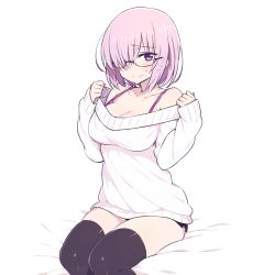 Rule 34 | 1girl, black-framed eyewear, black thighhighs, blush, breasts, chan co, cleavage, ears visible through hair, fate/grand order, fate (series), glasses, hair over one eye, large breasts, looking at viewer, mash kyrielight, pink hair, purple eyes, short hair, simple background, sitting, sleeves past wrists, solo, strap gap, sweatdrop, sweater, thighhighs, white background
