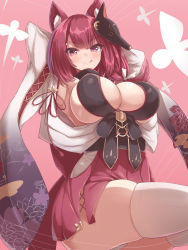 Rule 34 | 1girl, ass, azur lane, breasts, center opening, chiyoda (azur lane), cleavage, from below, highres, large breasts, looking at viewer, medium hair, miimu (nelreg3), pink eyes, pink skirt, pleated skirt, red hair, sideboob, skindentation, skirt, smile, solo, thighhighs, tongue, tongue out, white thighhighs