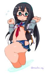 Rule 34 | 10s, 1girl, belly, black hair, blue eyes, blush, breasts, clothes lift, commentary request, glasses, hairband, hip vent, kantai collection, long hair, looking at viewer, masha, navel, ooyodo (kancolle), open clothes, partially submerged, school uniform, semi-rimless eyewear, serafuku, shirt lift, small breasts, solo, under-rim eyewear, wading, wavy mouth