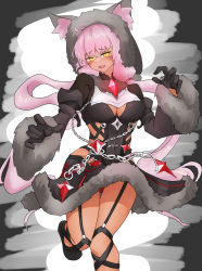Rule 34 | animal ears, breasts, chain, chappytkn0425, cleavage cutout, clothing cutout, covered navel, facial tattoo, fur trim, gloves, guardian tales, hand up, highres, ice witch lupina, jewelry, long hair, looking at viewer, medium breasts, open mouth, pink hair, solo, standing, tattoo, wolf ears, wolf girl, yellow eyes