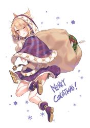 Rule 34 | 1girl, absurdres, bell, blonde hair, blush, capelet, christmas, commentary request, earmuffs, highres, holding, holding sack, hood, looking at viewer, one eye closed, pointy hair, purple footwear, purple skirt, sack, shan, shoes, short hair, simple background, skirt, snowflakes, solo, thighs, tongue, tongue out, touhou, toyosatomimi no miko, white background, yellow eyes