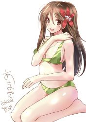Rule 34 | 10s, 1girl, alternate costume, amagi (kancolle), bare legs, bare shoulders, bikini, breasts, brown eyes, brown hair, character name, cleavage, dated, green bikini, hair ornament, kantai collection, large breasts, leaf, leaf hair ornament, maple leaf, mole, mole under eye, one-hour drawing challenge, ponytail, seiza, sideboob, sitting, solo, stomach, swimsuit, ugeppa, underboob