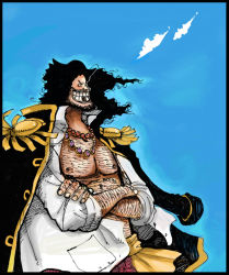 Rule 34 | 1boy, black hair, blue sky, crossed arms, facial hair, jewelry, male focus, marshall d. teach, missing tooth, necklace, one piece, open clothes, open shirt, pirate, sash, shirt, sky, solo